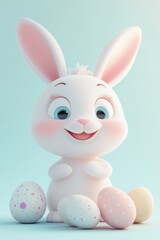 Fototapeta premium Adorable White Bunny Surrounded by Colorful Easter Eggs on White Background – A Whimsical Celebration of Spring, Innocence and Joyful Family Moments