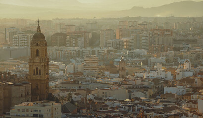 View of Malaga city with viwe on Malaga Cathedral (Church of Santiago Apostol), Spain