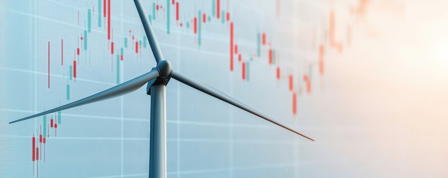 A wind turbine stands against a backdrop of digital collection market trends, highlighting the intersection of renewable energy and economic data.