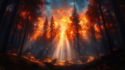 Fototapeta premium Fiery forest sunset. Sunbeams pierce through trees