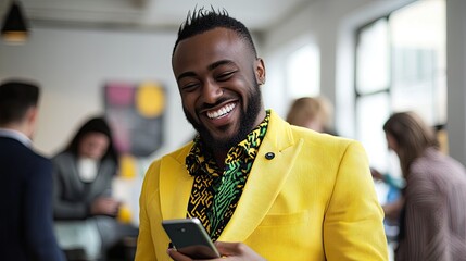 A smiling man with a beard stands in a modern office environment, wearing a tan jacket over a white shirt, holding a smartphone in his hands.