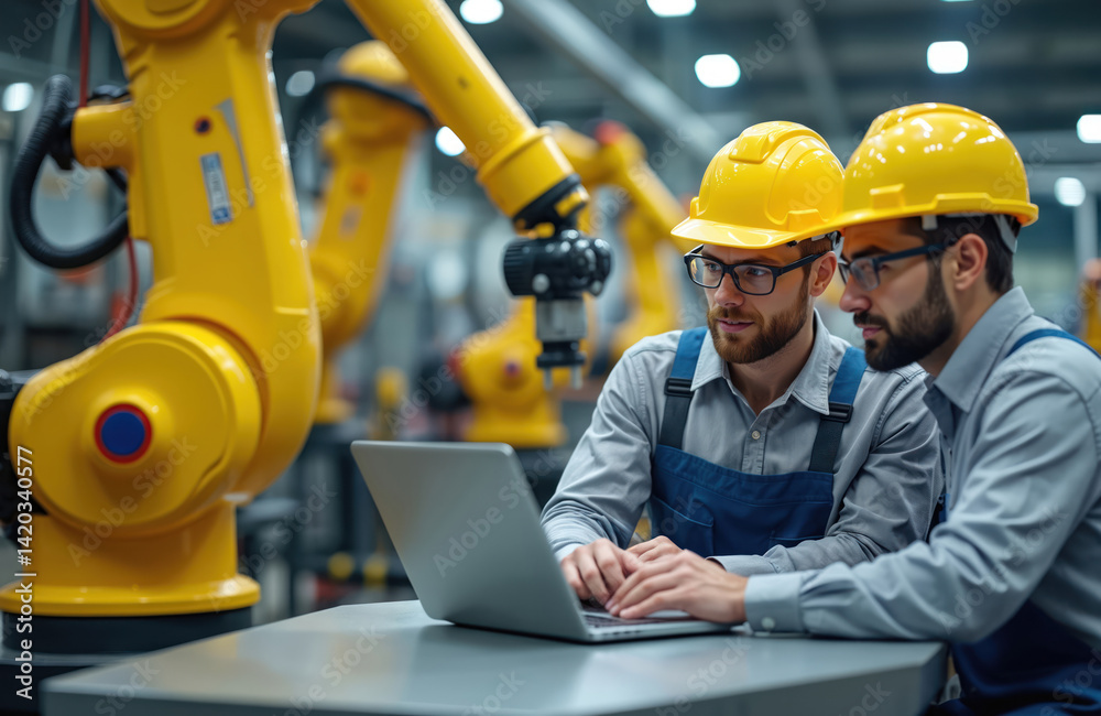 Poster two engineers inspect quality robot arm in robot assembly plant using laptop. technicians wearing sa