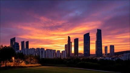 Fototapeta premium Vibrant Cityscape Silhouettes at Dusk with Fiery Orange Sky and Modern Buildings Architecture.