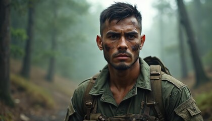Obraz premium Portrait of a young soldier in a military uniform. Man face covered in dirt, looking exhausted and tired after battle. Military gear on. Forest background. War conflict, veteran, army.