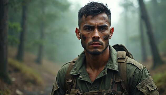 Portrait of a young soldier in a military uniform. Man face covered in dirt, looking exhausted and tired after battle. Military gear on. Forest background. War conflict, veteran, army.