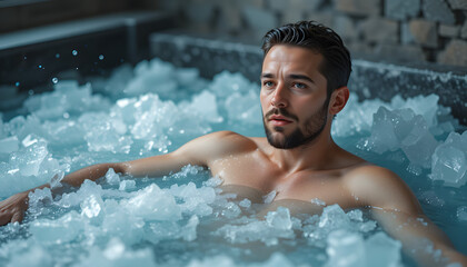 Man in ice bath, experiencing cold water therapy benefits and challenges.
