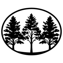 Three pine trees silhouette inside black oval frame on a white background