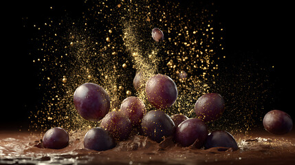 Naklejka premium Red Grapes Splash: A vibrant burst of red grapes, suspended mid-air, creating a dynamic splash of color and juicy texture against a dark background.