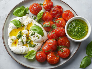 This dish features burrata cheese, beautifully sliced and spread on the plate's surface. The dish is garnished with roasted tomatoes, which have been topped with fresh basil leaves for an extra touch 