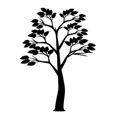 Silhouette of a tree with branches and leaves against white background