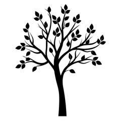 Simple black and white tree silhouette illustration with leaves on branches