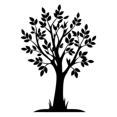Stylized Black Tree Silhouette with Leaves and Grass on White Background