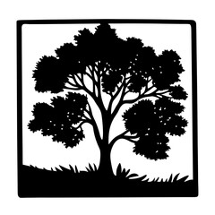 A Monochrome Artistic Silhouette of a Tree Framed by a Square Border