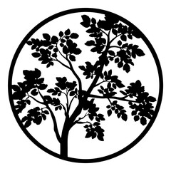 Elegant Silhouette of a Tree with Leaves Encased in a Circular Frame