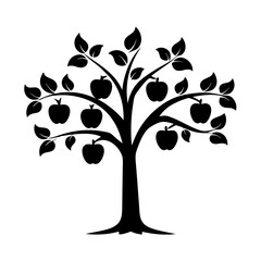 Black silhouette of an apple tree with apples and leaves isolated