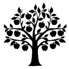 Black silhouette of an apple tree full of fruit against a white background