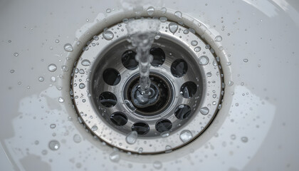 Close-up of a clean sink drain with water droplets, symbolizing effective unclogging.