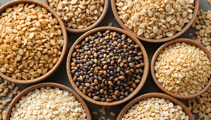 A variety of whole grains including brown rice, quinoa, oats, and barley arranged in bowls, symbolizing a nutritious diet for a healthy lifestyle.