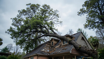 A fallen tree on a house roof symbolizes the aftermath of a natural disaster, highlighting the need for disaster recovery and emergency response.