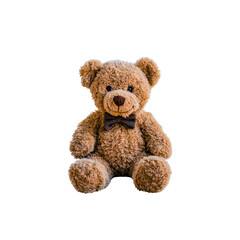 cute brown teddy bear with bow tie sits against plain background, exuding warmth and nostalgia. Its soft, plush texture and friendly expression make it ideal gift for children or collectors