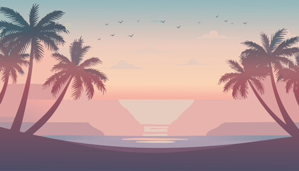 peaceful tropical twilight beach with silhouetted palm trees along the shore under a soft pastel sky vector illustration

