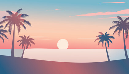 peaceful tropical twilight beach with silhouetted palm trees along the shore under a soft pastel sky vector illustration

