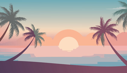 peaceful tropical twilight beach with silhouetted palm trees along the shore under a soft pastel sky vector illustration

