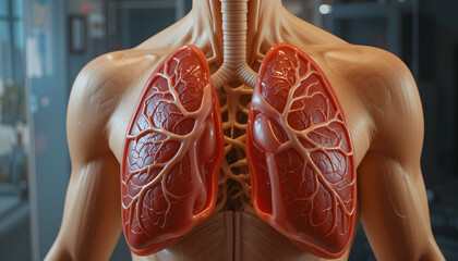 Anatomical model of human lungs and trachea, illustrating respiratory system structure.