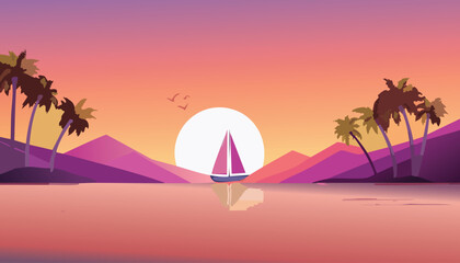 serene tropical sunrise with a sailboat reflecting on calm water framed by lush foliage and distant hills under a warm pastel sky vector illustration

