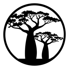 Black silhouette of two baobab trees within a circular border design
