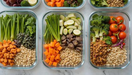 Healthy meal prep with fresh vegetables and grains in containers, ideal for diet planning and portion control.