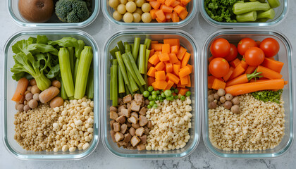 Healthy meal prep with fresh vegetables and grains in containers, ideal for diet planning and portion control.