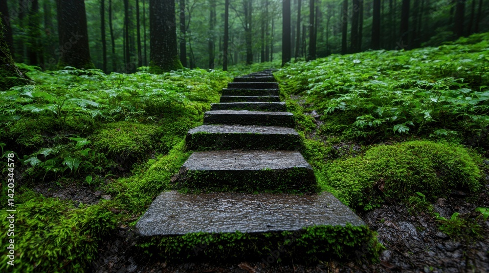 Poster A path through a forest with moss growing on the steps