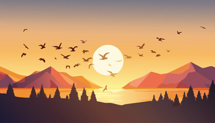 Naklejka premium serene lake and mountain landscape at sunrise with silhouetted pine trees along the shore under a warm gradient sky filled with birds vector illustration