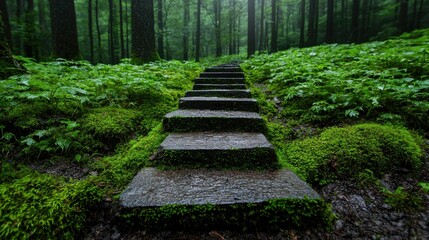 A path through a forest with moss growing on the steps