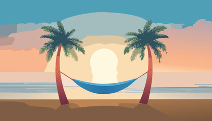 tranquil tropical beach at dawn with a hammock strung between palm trees over calm water under a soft pastel sky with gentle clouds vector illustration

