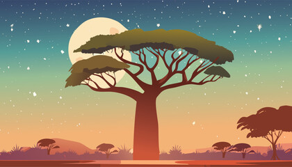 magical african night with a large baobab tree illuminated by a full moon in a starry sky over the savanna vector illustration   © MDF