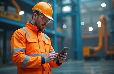 Caucasian male engineer at industrial site. Man in safety helmet checks data, using tablet. Pro in orange workwear. Modern tech, wireless, digital communication in industry, construction.