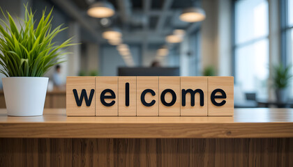 A 'welcome' sign on a desk symbolizes a friendly onboarding process in a modern office.