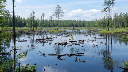 Obraz premium Tranquil Forest Swamp Landscape with Reflection