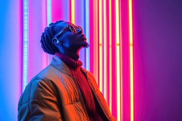 Stylish individual poses confidently under vibrant neon lights in an urban setting during nighttime with colorful reflections illuminating the surroundings