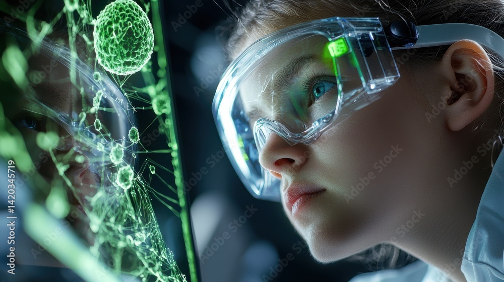 Aufkleber a girl wearing a pair of green goggles is looking at a computer screen with a gr