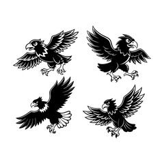 Obraz premium Four stylized eagles in black and white showcasing different poses of flight and perched positions