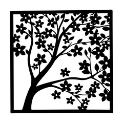 Elegant Black and White Blossom Tree Silhouette within a Square Frame Design