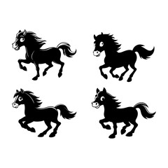 Four cartoon horses in black silhouette galloping on a white background in a playful manner