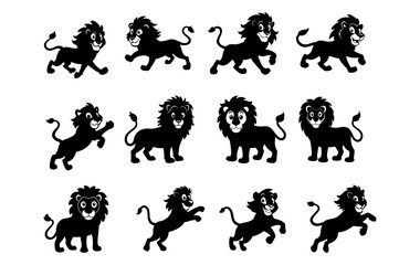 Naklejka premium Twelve cartoon lions in various poses are arranged in a grid pattern on a white background isolated view