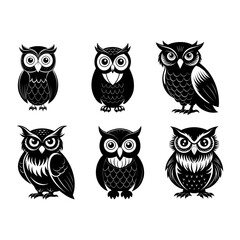 Fototapeta premium Illustration showing six different owl designs in black and white with varying feather patterns and poses