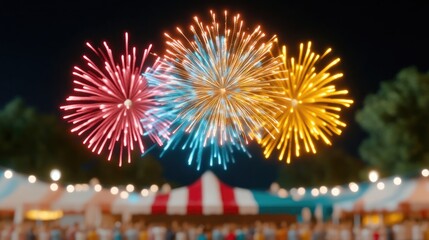 Obraz premium Festive fireworks display over a crowd at a night market