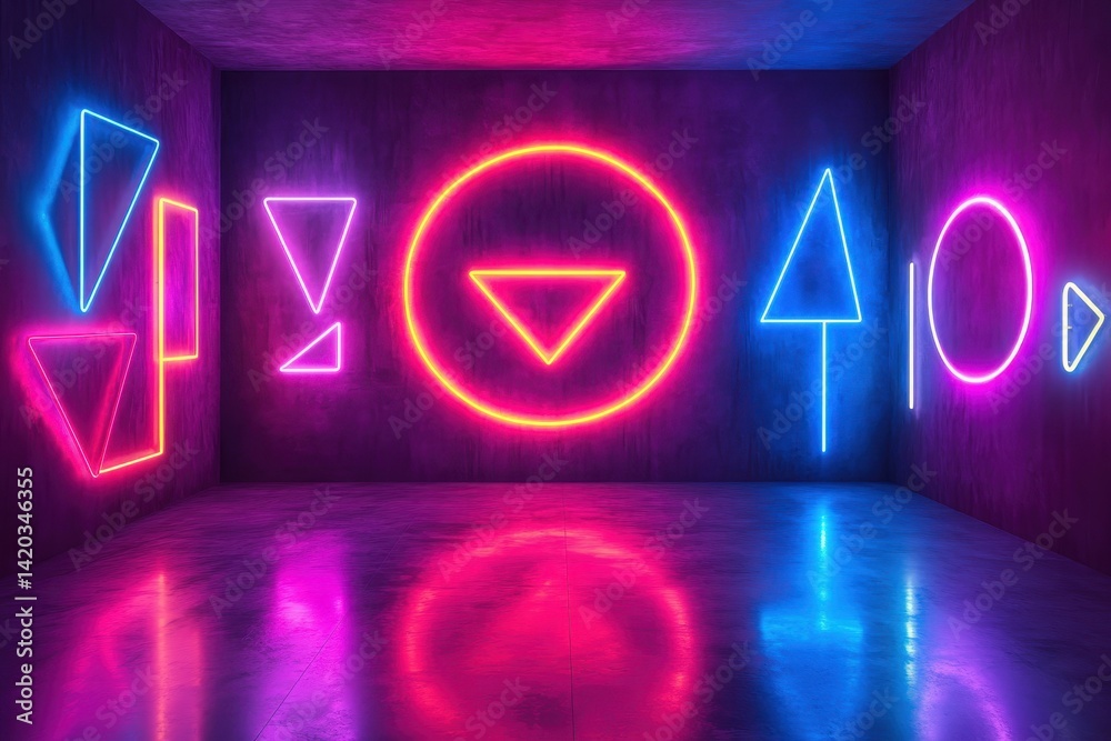 Aufkleber Bright neon geometric shapes illuminate a dark background, creating a vibrant visual display that captivates the eye in a modern art setting