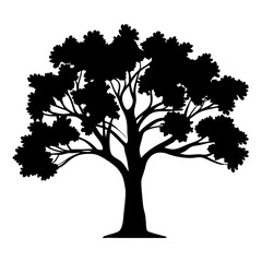 Black silhouette of a leafy tree, with many branches, on white background